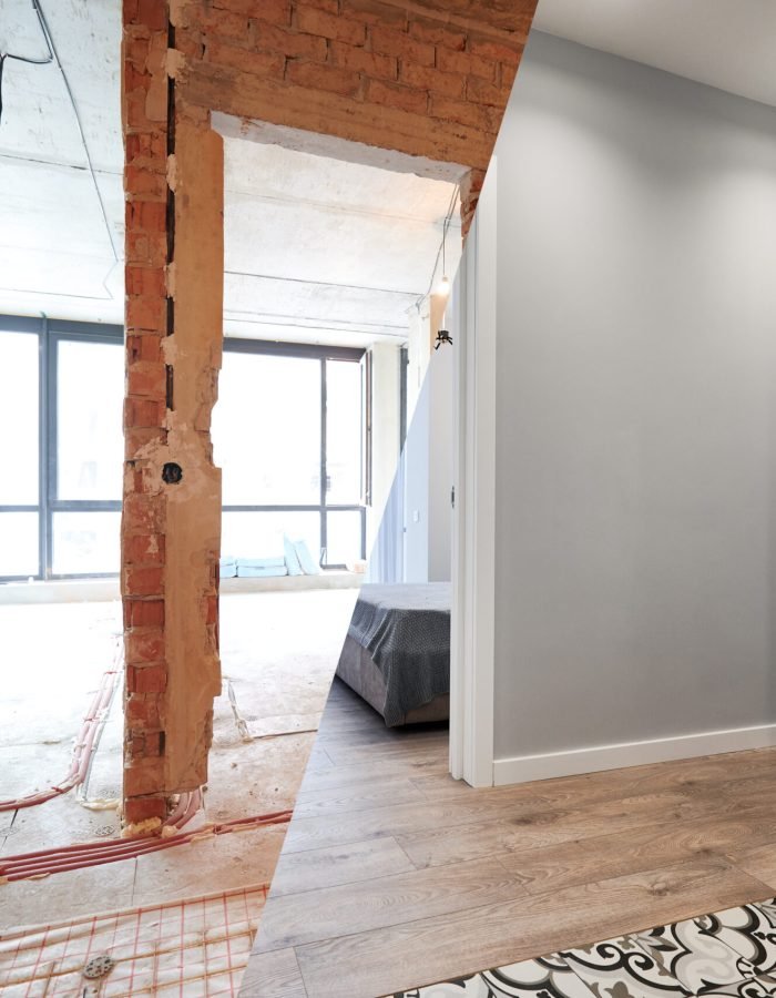 Living room and bedroom with large windows and doors before and after refurbishment or restoration. Old apartment before renovation and new renovated flat with parquet floor and furniture.